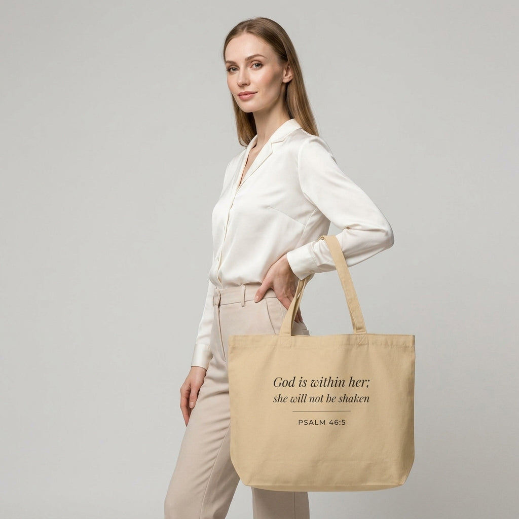 Model carrying a natural cotton Christian tote bag with beige handles and “God is within her; she will not be shaken” scripture text.
