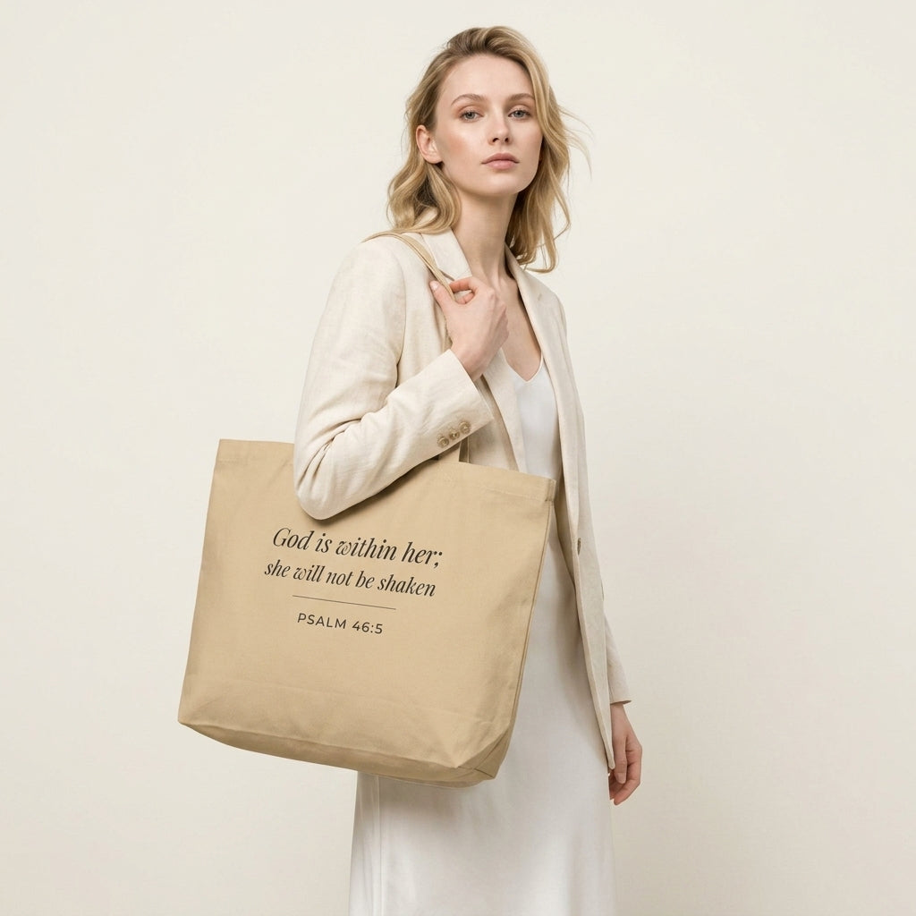 Model carrying a natural cotton Christian tote bag with beige handles and “God is within her; she will not be shaken” scripture text.