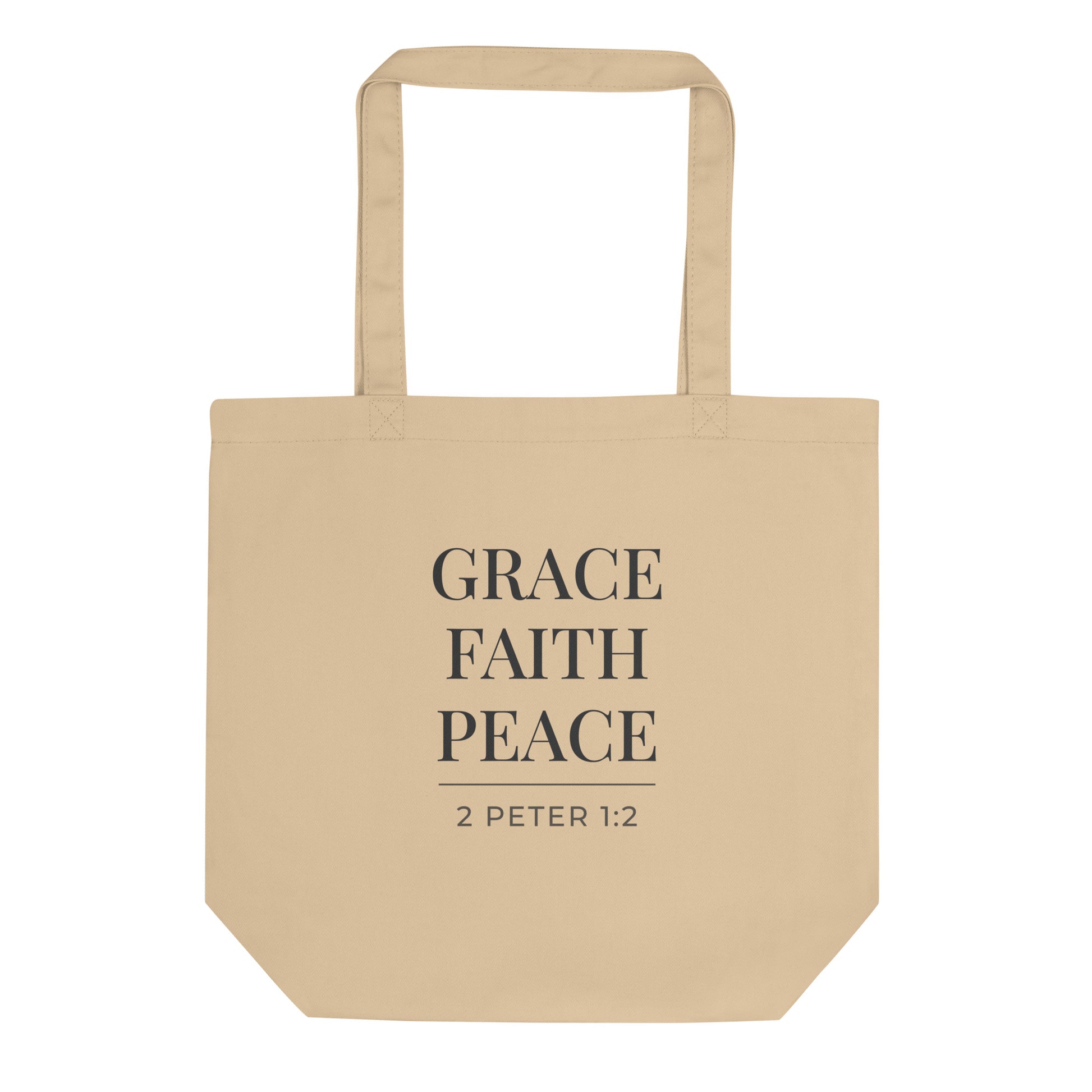 Natural cotton tote bag with black text reading “GRACE FAITH PEACE”