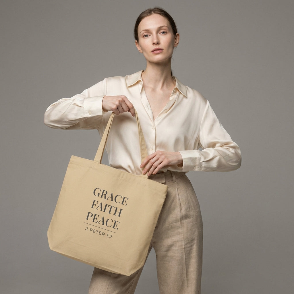 Model holding a natural cotton tote bag printed with “Grace Faith Peace” and “2 Peter 1:2.”