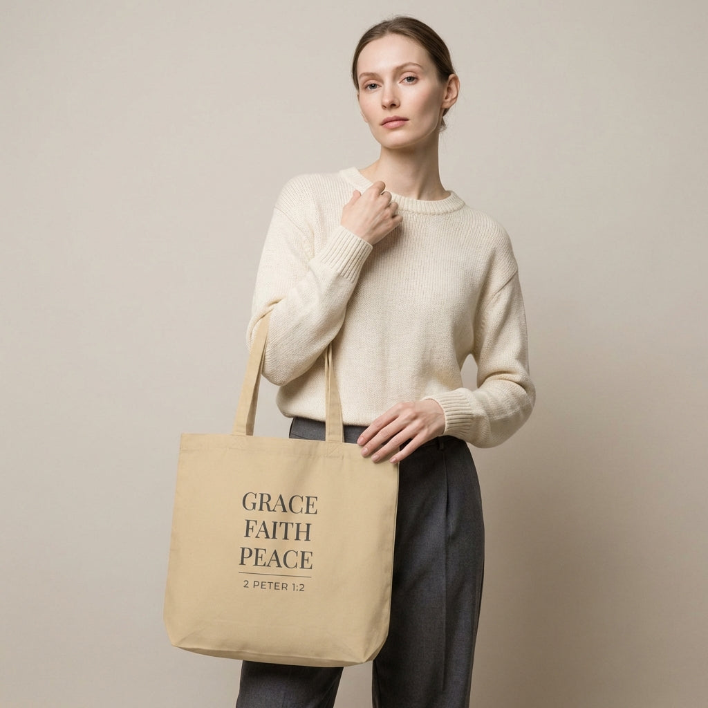Model holding a natural cotton tote bag printed with “Grace Faith Peace” and “2 Peter 1:2.”