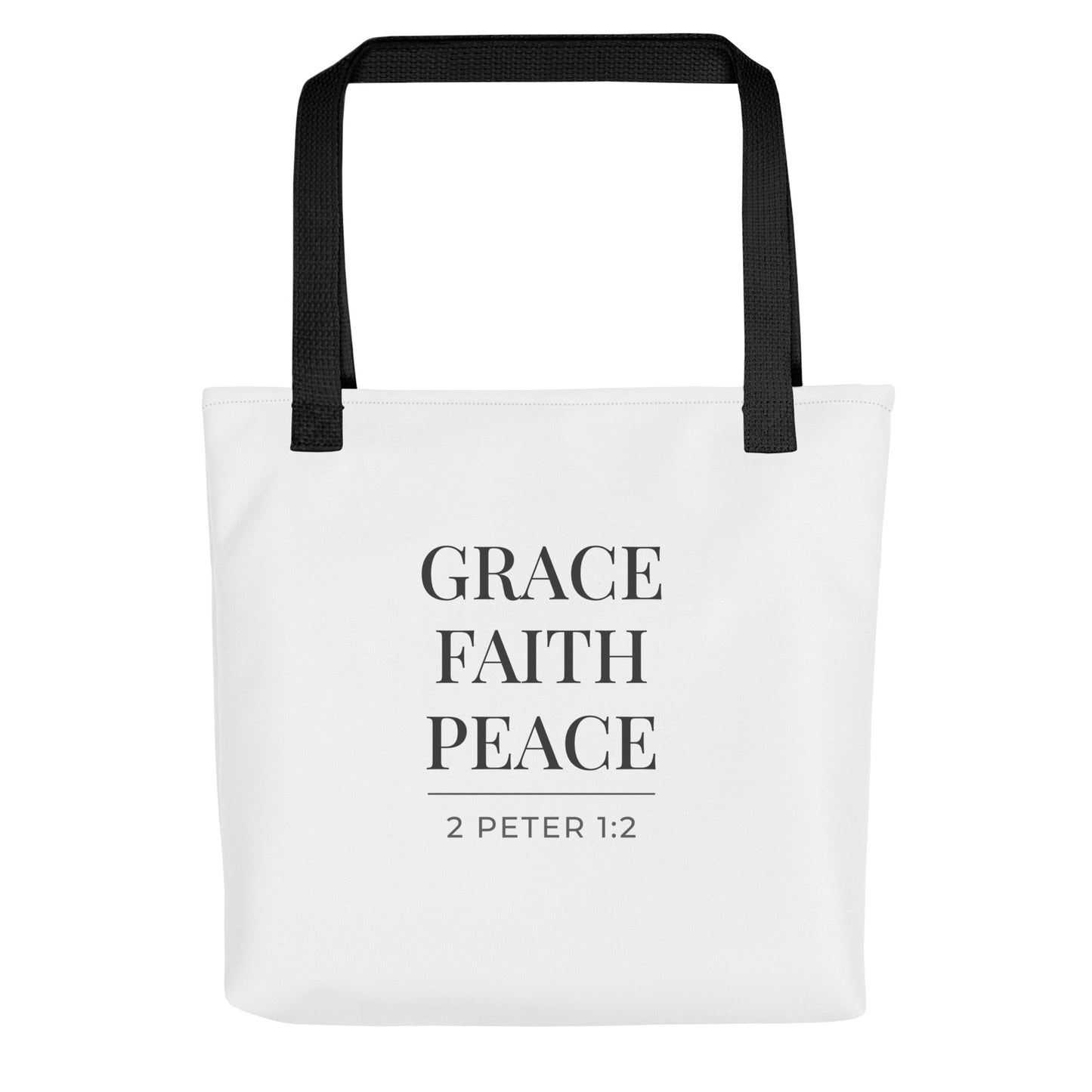 White tote bag with black handles featuring “Grace Faith Peace” and “2 Peter 1:2” in dark gray text.