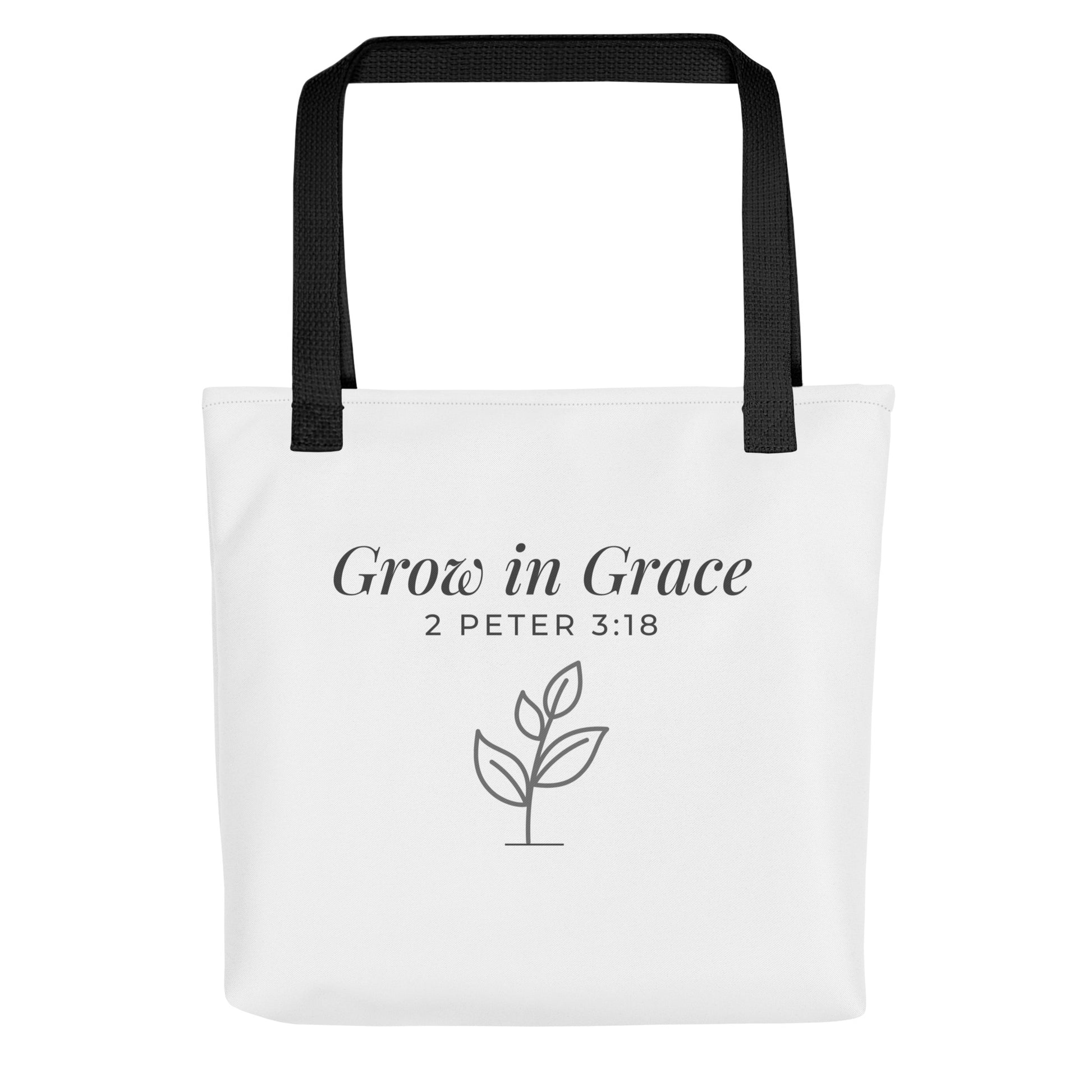 Front view of a white tote bag with black handles featuring “Grow in Grace,” “2 Peter 3:18,” and a plant design in dark gray.