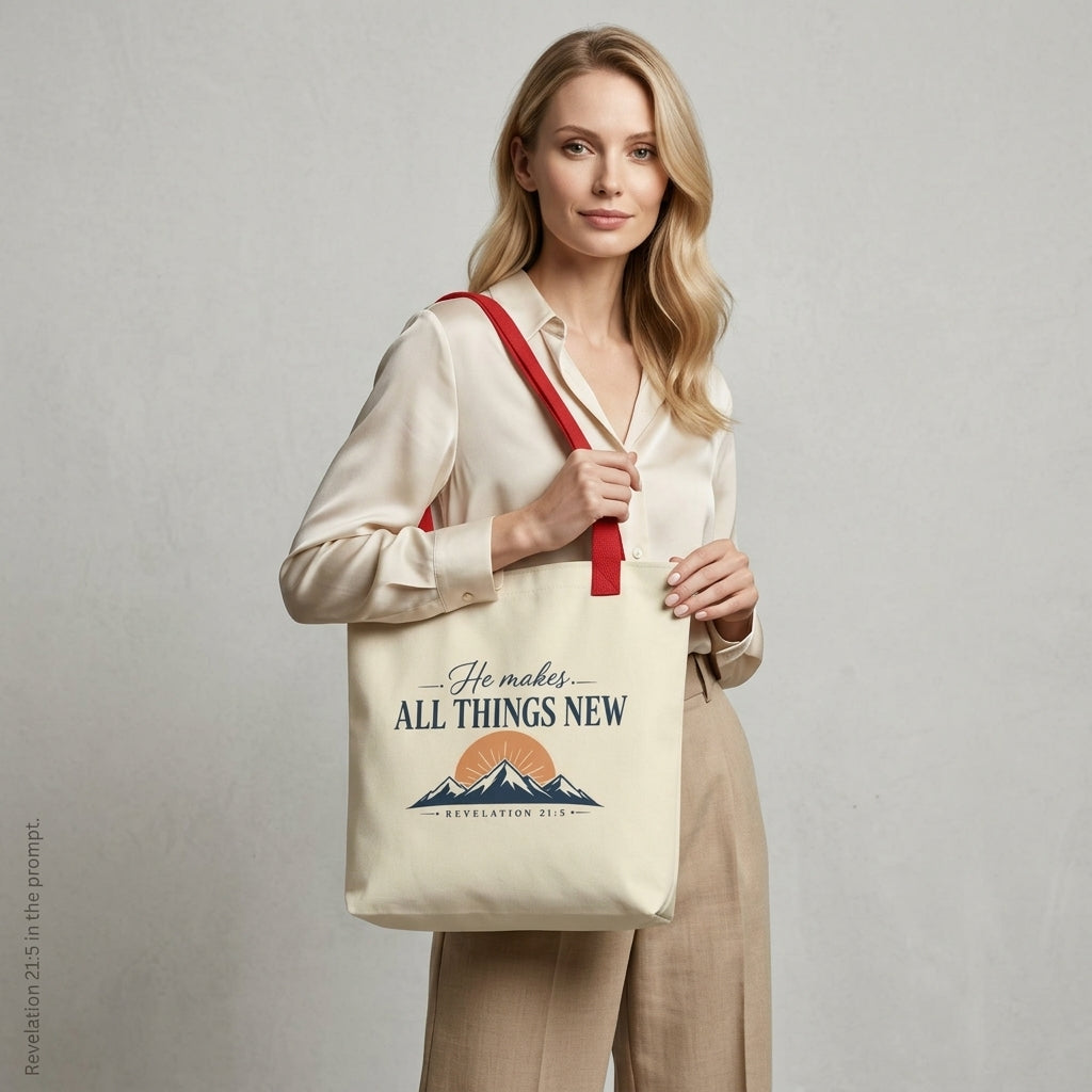 Model carrying a cream Christian tote bag with red handles and a faith-inspired mountain design featuring Revelation 21:5.