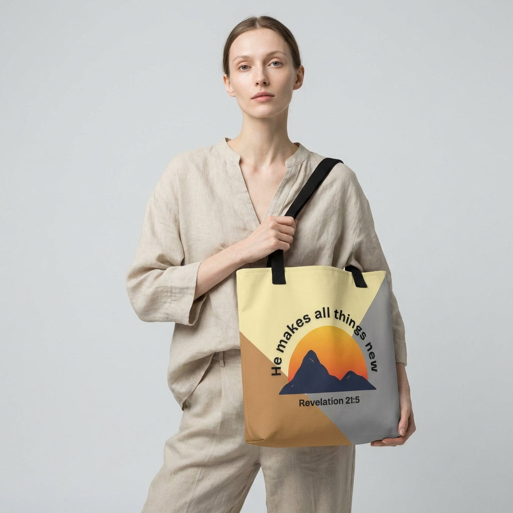 Model carrying a black-strap tote with a modern color-block design, featuring a mountain sunset graphic and the message “He makes all things new” (Revelation 21:5) on the front.