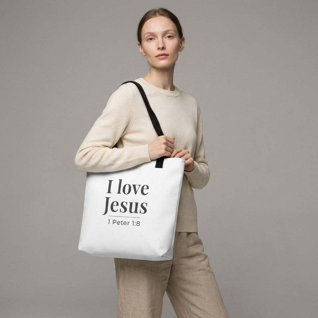 Model holding a white tote bag that reads “I love Jesus” in dark gray with “1 Peter 1:8.”
