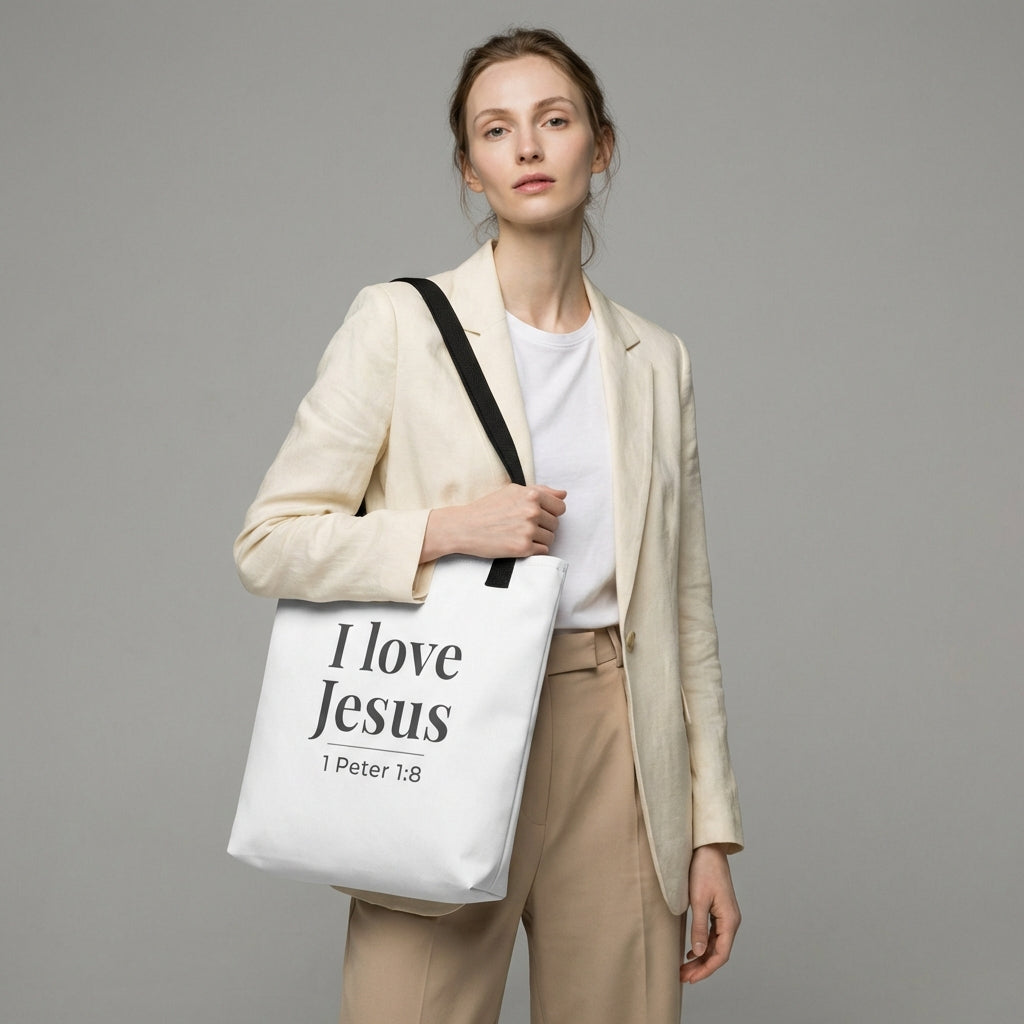 Model holding a white tote bag that reads “I love Jesus” in dark gray with “1 Peter 1:8.”