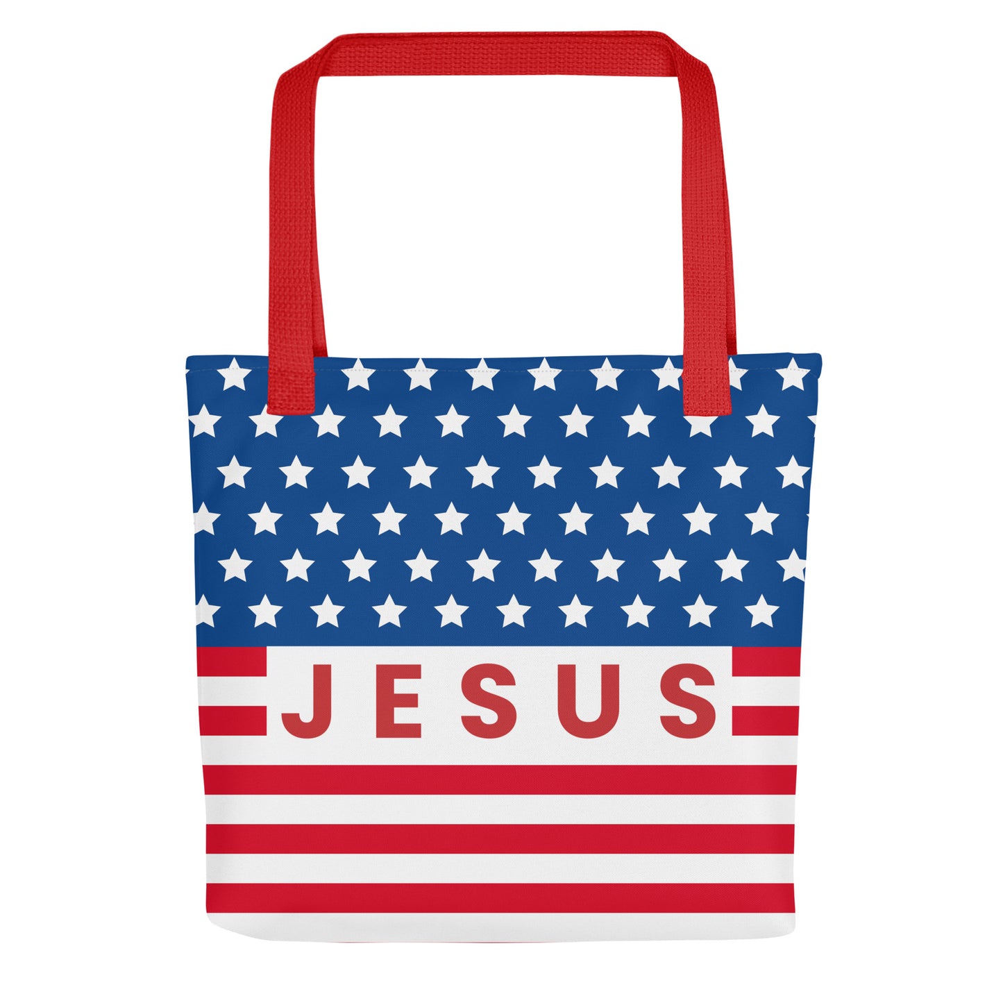 Front view of a patriotic Christian tote bag with red handles, blue stars, red and white stripes, and “Jesus” text across the center.
