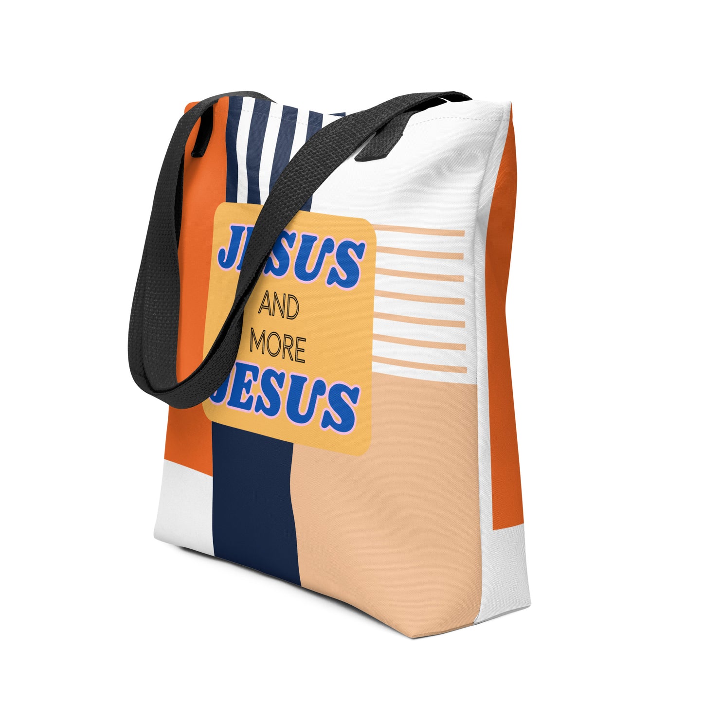 Angled view of the “Jesus and More Jesus” tote bag showing black straps and retro-inspired color blocks with striped accents.