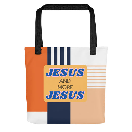 “Jesus and More Jesus” Christian tote bag with black handles and modern color-block design in orange, navy, white, and beige.