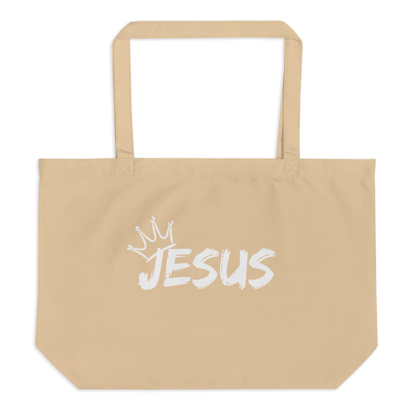 Large natural cotton tote bag with a white brush-style “JESUS” graphic and a small crown above the lettering.
