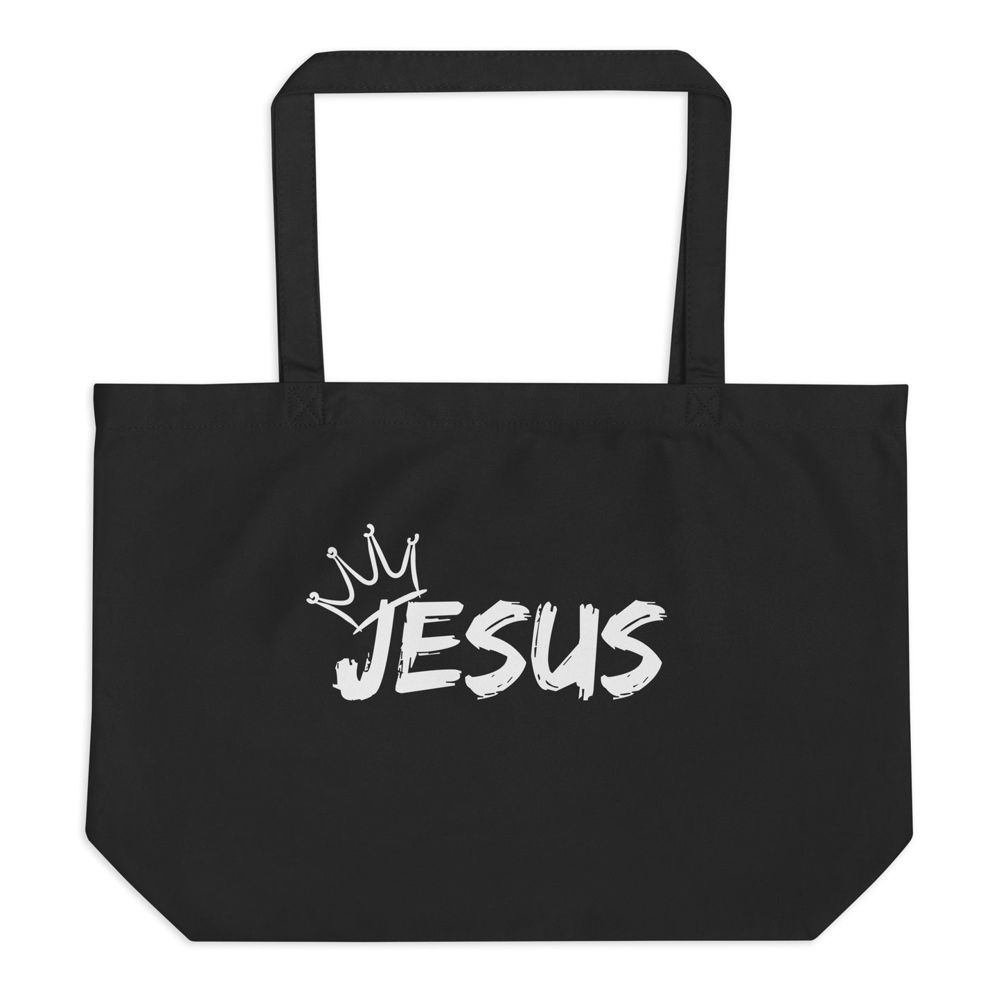 Large black cotton tote bag with a white brush-style “JESUS” graphic and a small crown above the lettering.