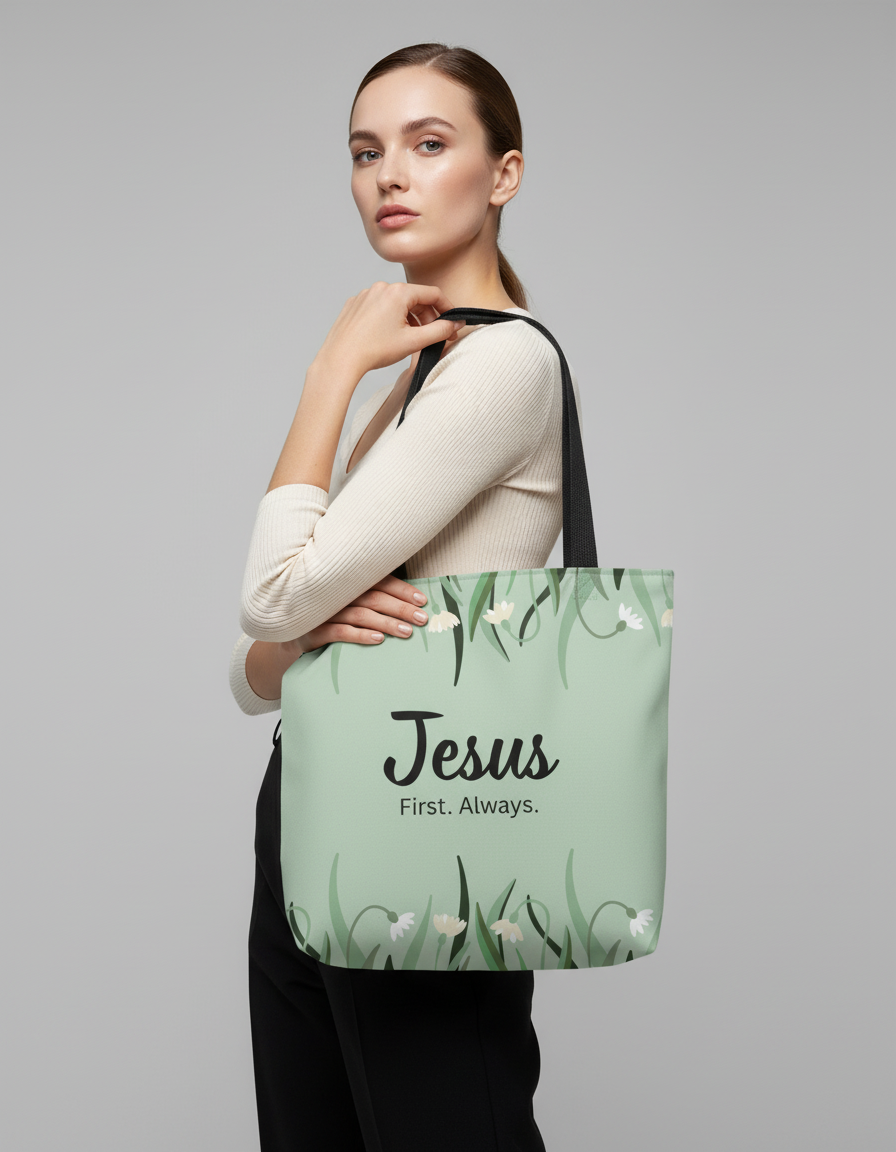  Model carrying a mint green floral tote with black straps and the “Jesus. First. Always.” message on the front.