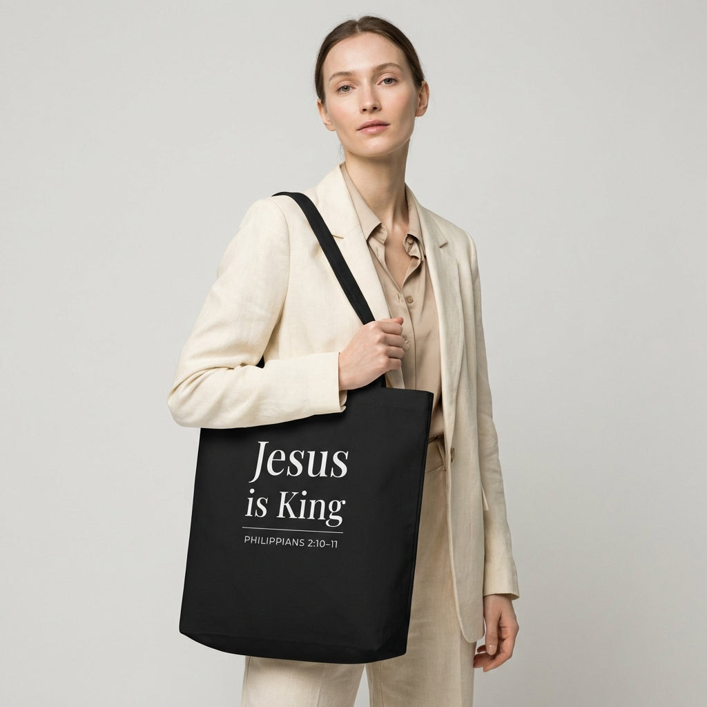 Model holding a black tote bag with white “Jesus is King” text and “Philippians 2:10–11” design.