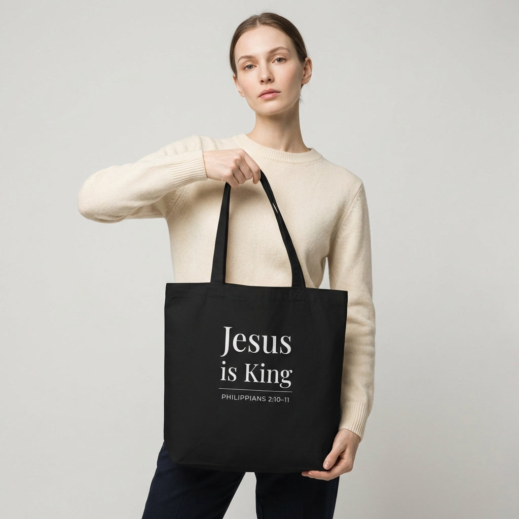 Model holding a black tote bag with white “Jesus is King” text and “Philippians 2:10–11” design.