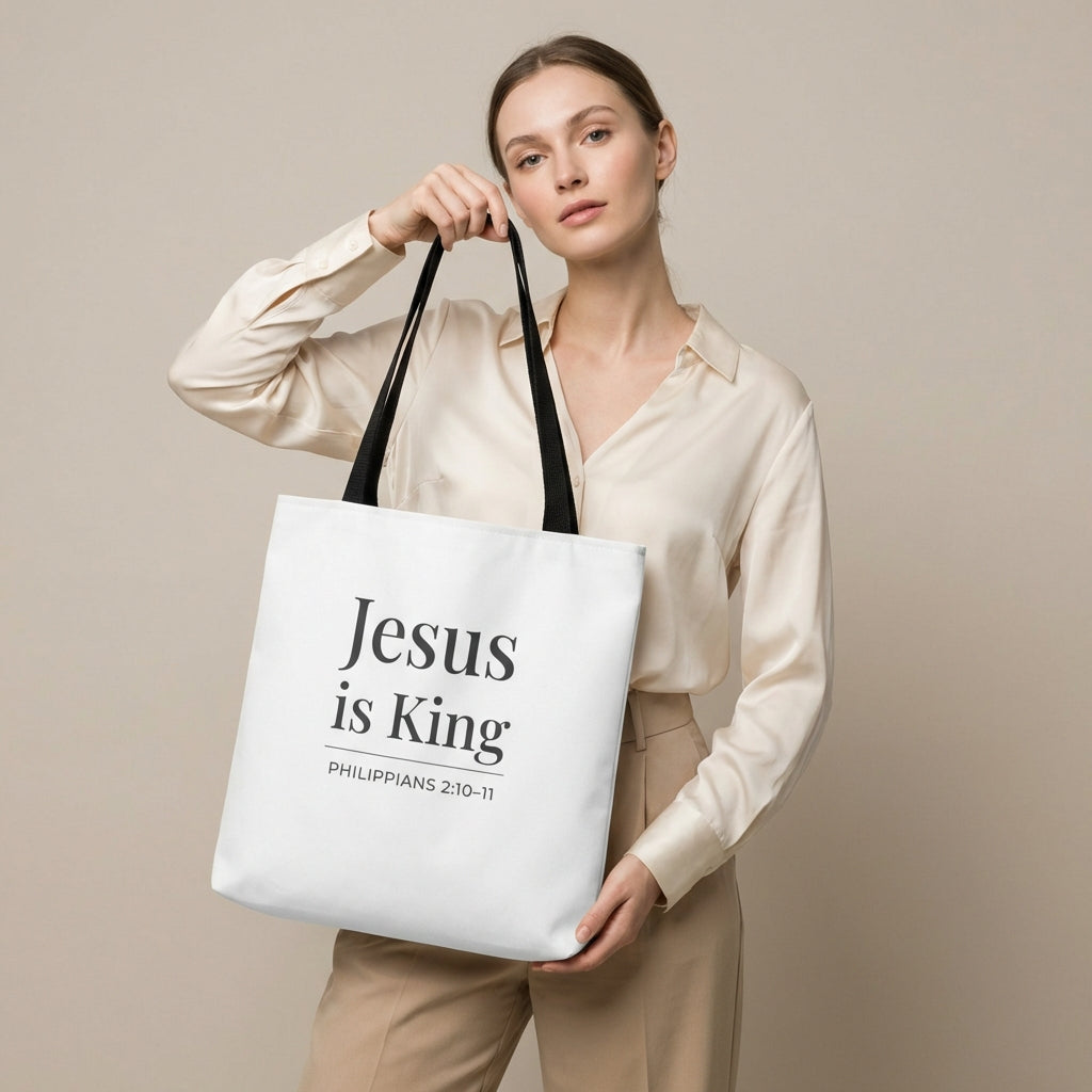 Model holding a white tote bag with dark gray “Jesus is King” and the verse reference “Philippians 2:10–11.”