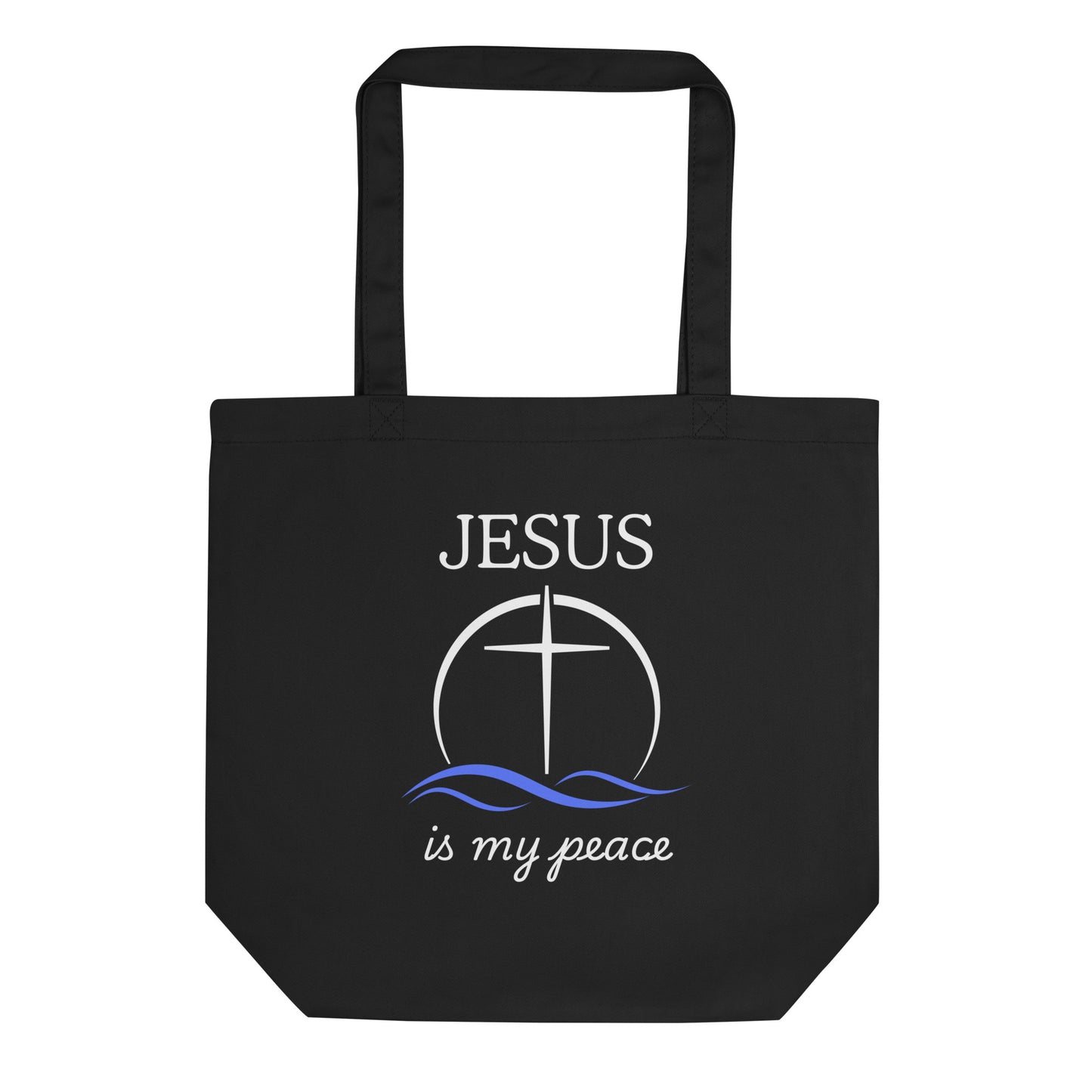 Black cotton tote bag with “JESUS” above a cross-in-circle graphic with blue waves and the phrase “is my peace” in white script.
