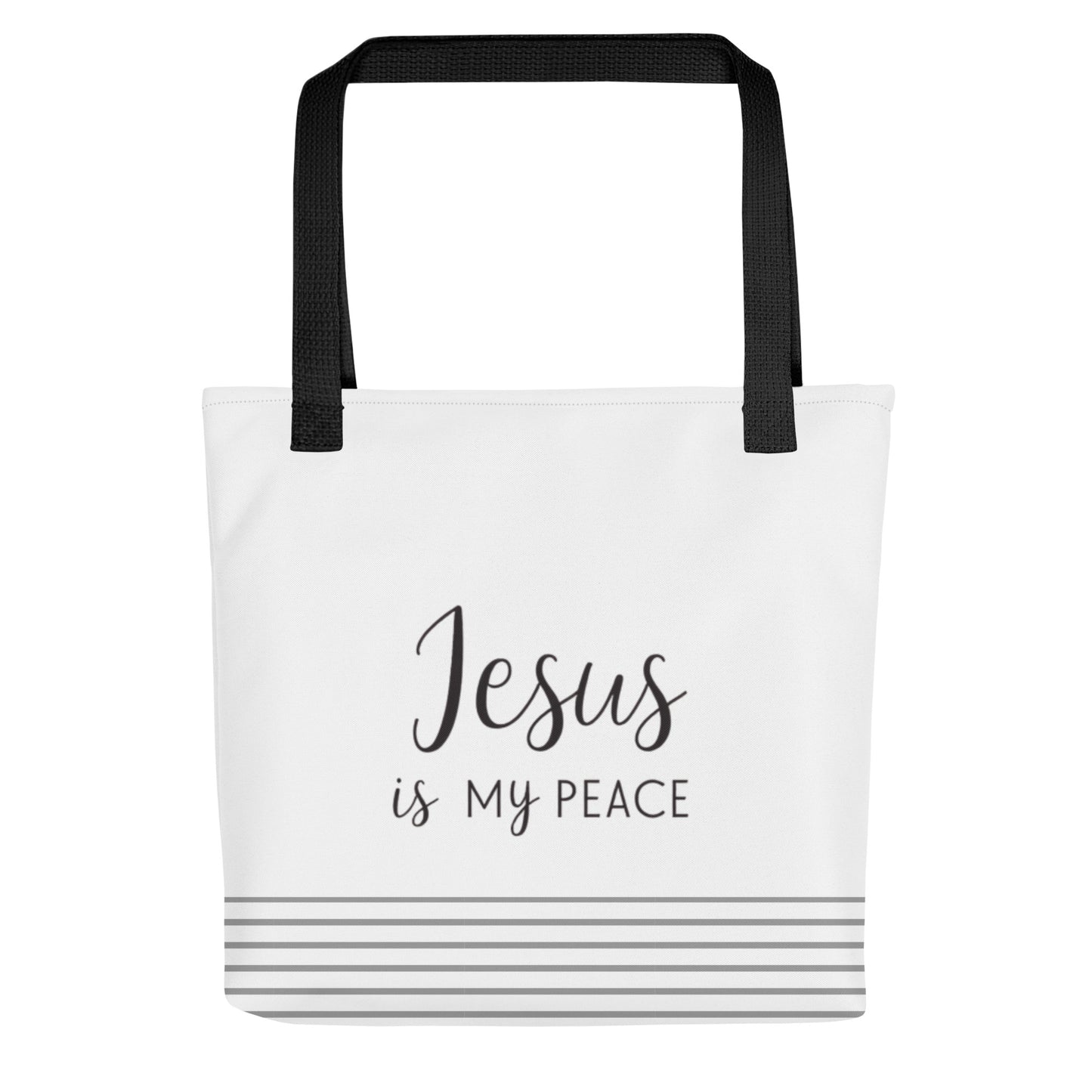 White tote bag with black handles featuring “Jesus is my peace” in dark gray text and gray stripes along the bottom.