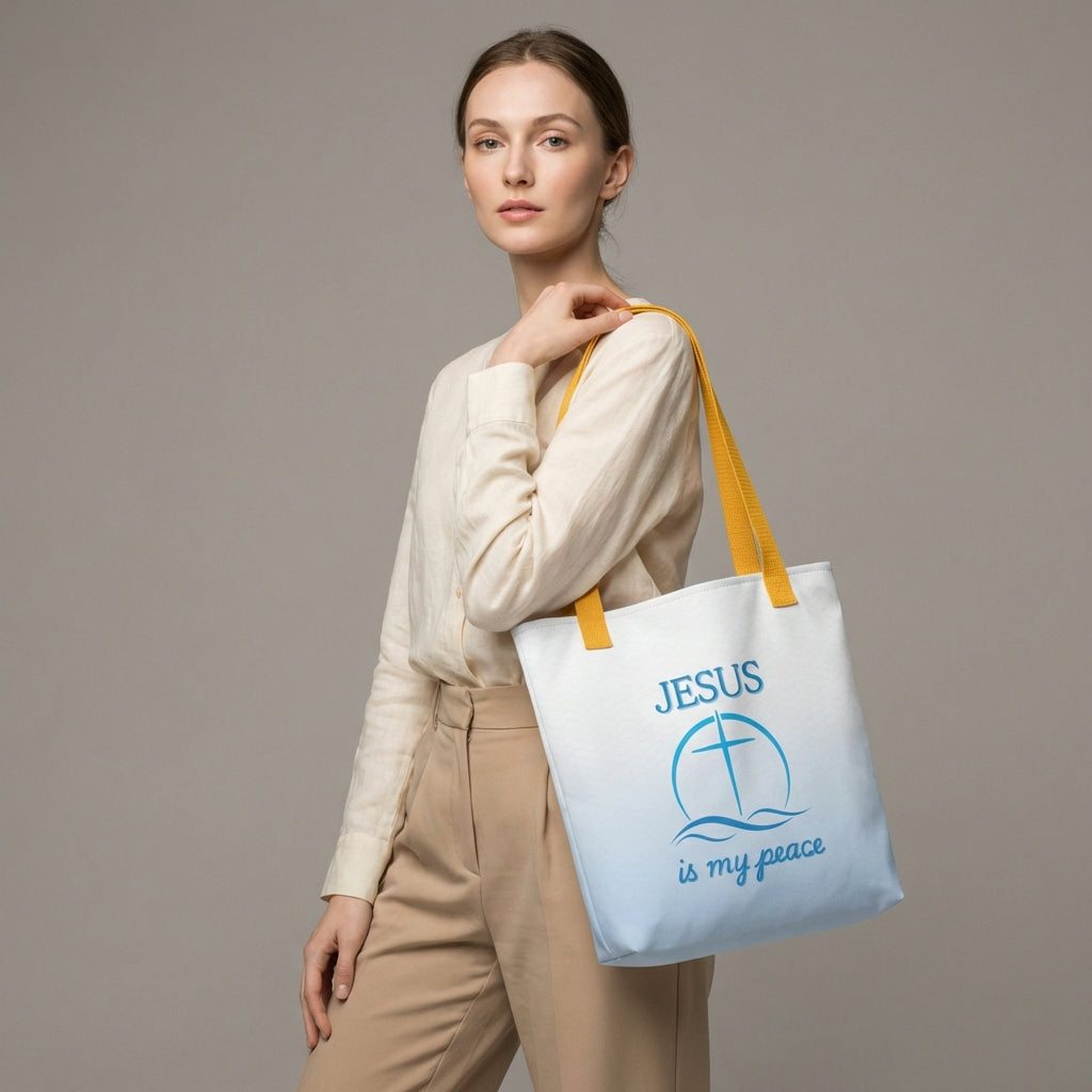 Lifestyle photo of a person carrying the white tote with yellow handles, blue wave pattern, and “JESUS is my peace” cross graphic.