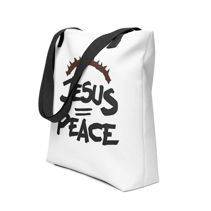 Angled view of the white tote with black straps showing the “JESUS PEACE” design and crown of thorns detail.