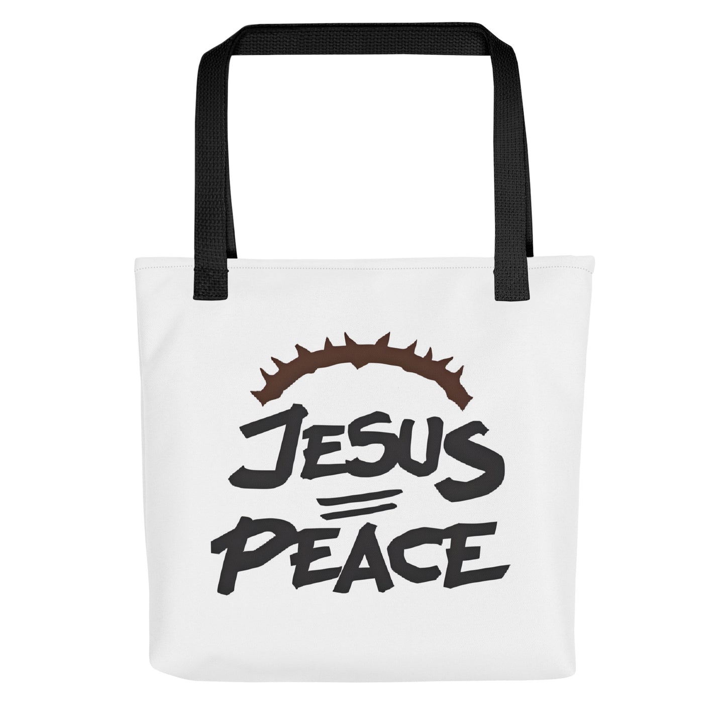 Front view of a white tote bag with black handles featuring bold black text “JESUS” over “PEACE” with a crown of thorns graphic above.