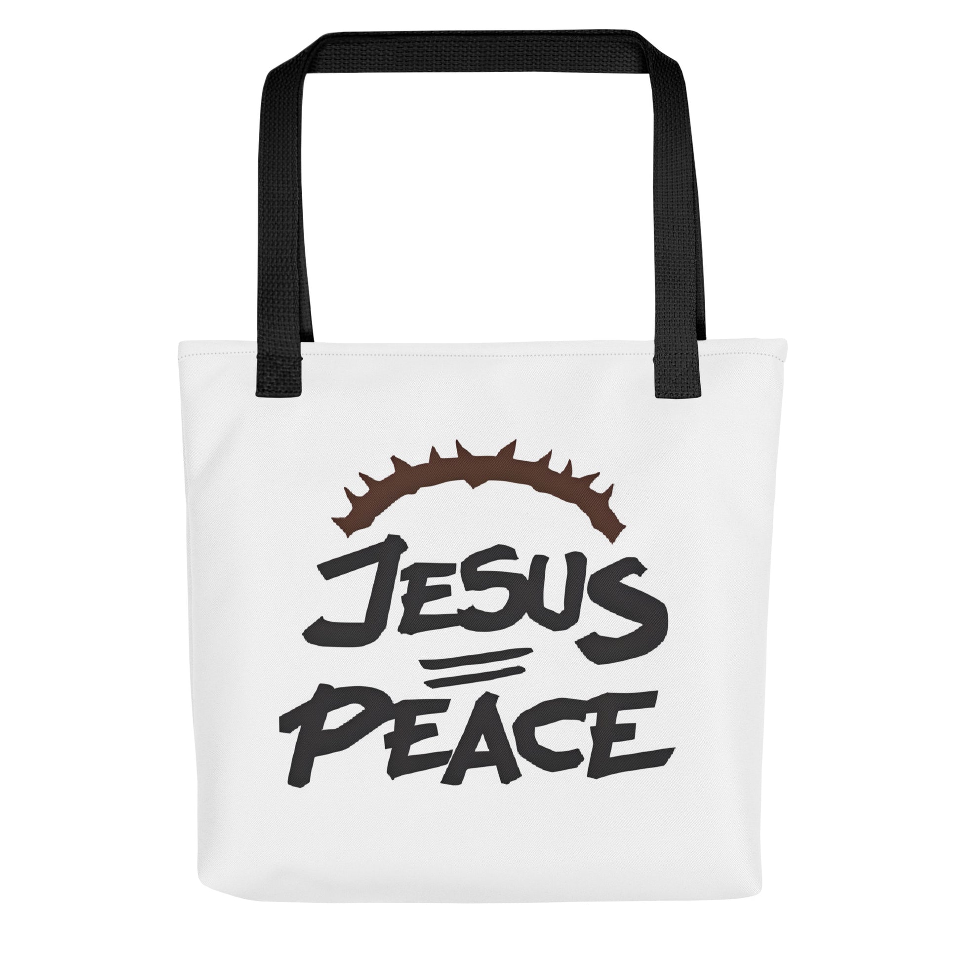 Front view of a white tote bag with black handles featuring bold black text “JESUS” over “PEACE” with a crown of thorns graphic above.