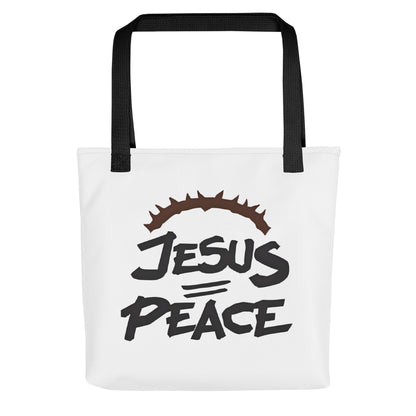 Front view of a white tote bag with black handles featuring bold black text “JESUS” over “PEACE” with a crown of thorns graphic above.