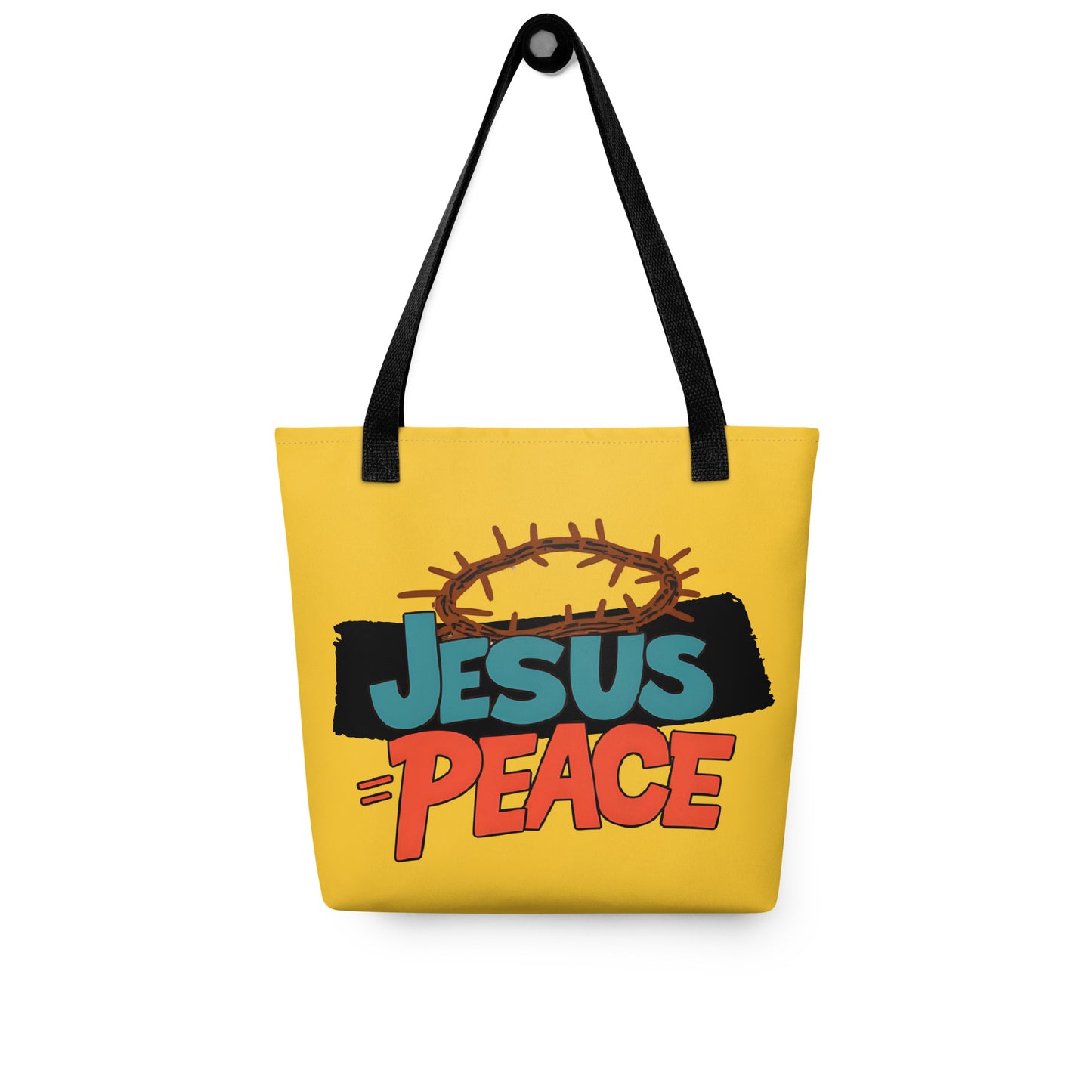 Yellow tote bag hanging on a hook with black straps and “JESUS = PEACE” design with a crown of thorns.