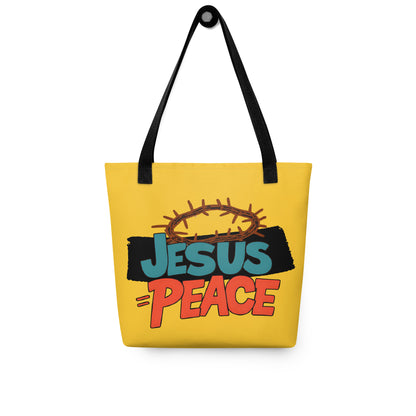 Yellow tote bag hanging on a hook with black straps and “JESUS = PEACE” design with a crown of thorns.