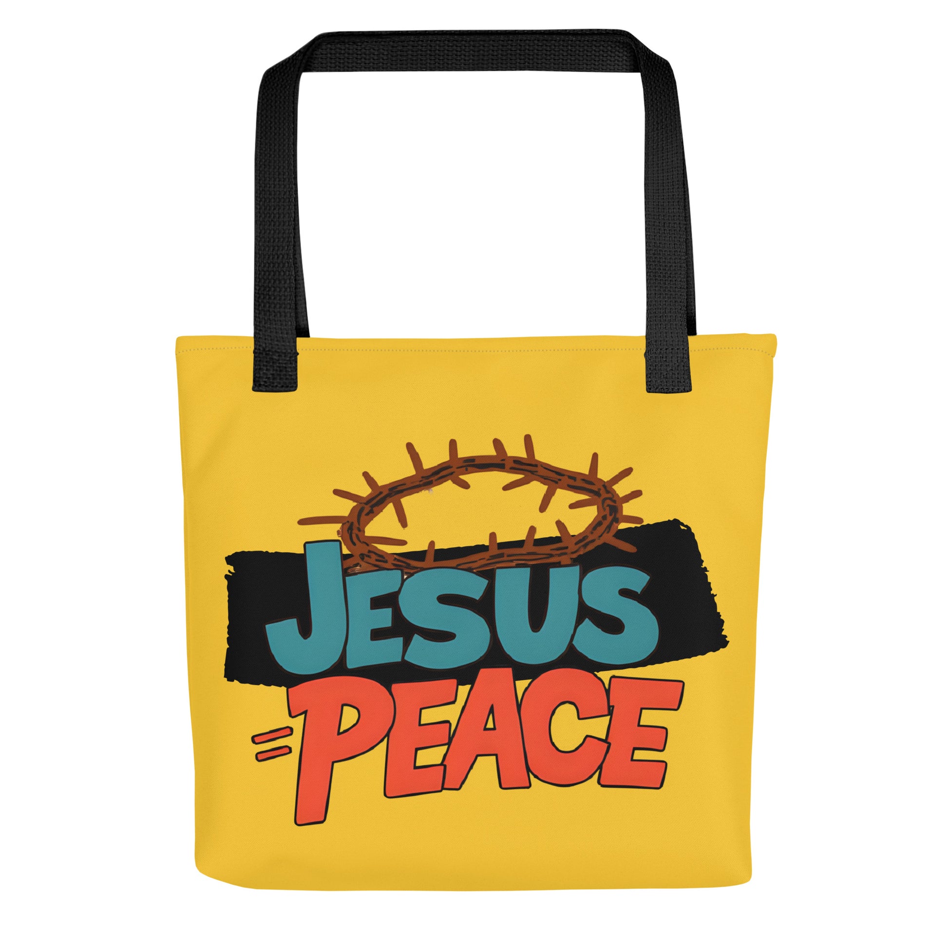 Front view of yellow tote bag with black straps and bold graphic text reading “JESUS = PEACE” with a crown of thorns.