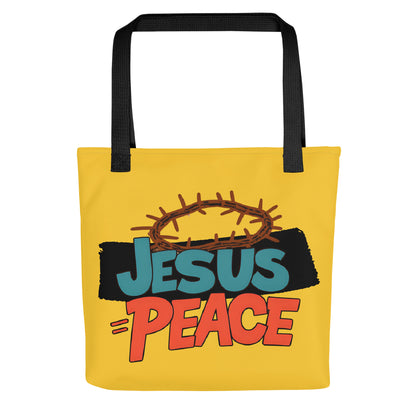 Front view of yellow tote bag with black straps and bold graphic text reading “JESUS = PEACE” with a crown of thorns.