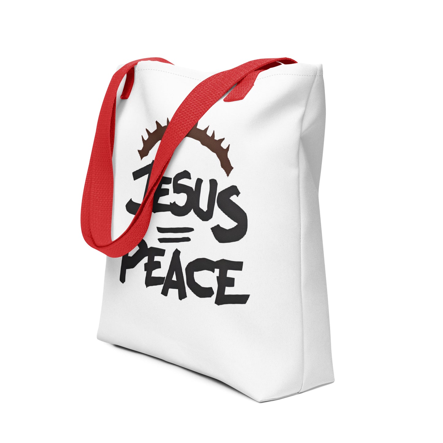 Angled view of the white tote with red straps showing the “JESUS PEACE” design and crown of thorns detail.