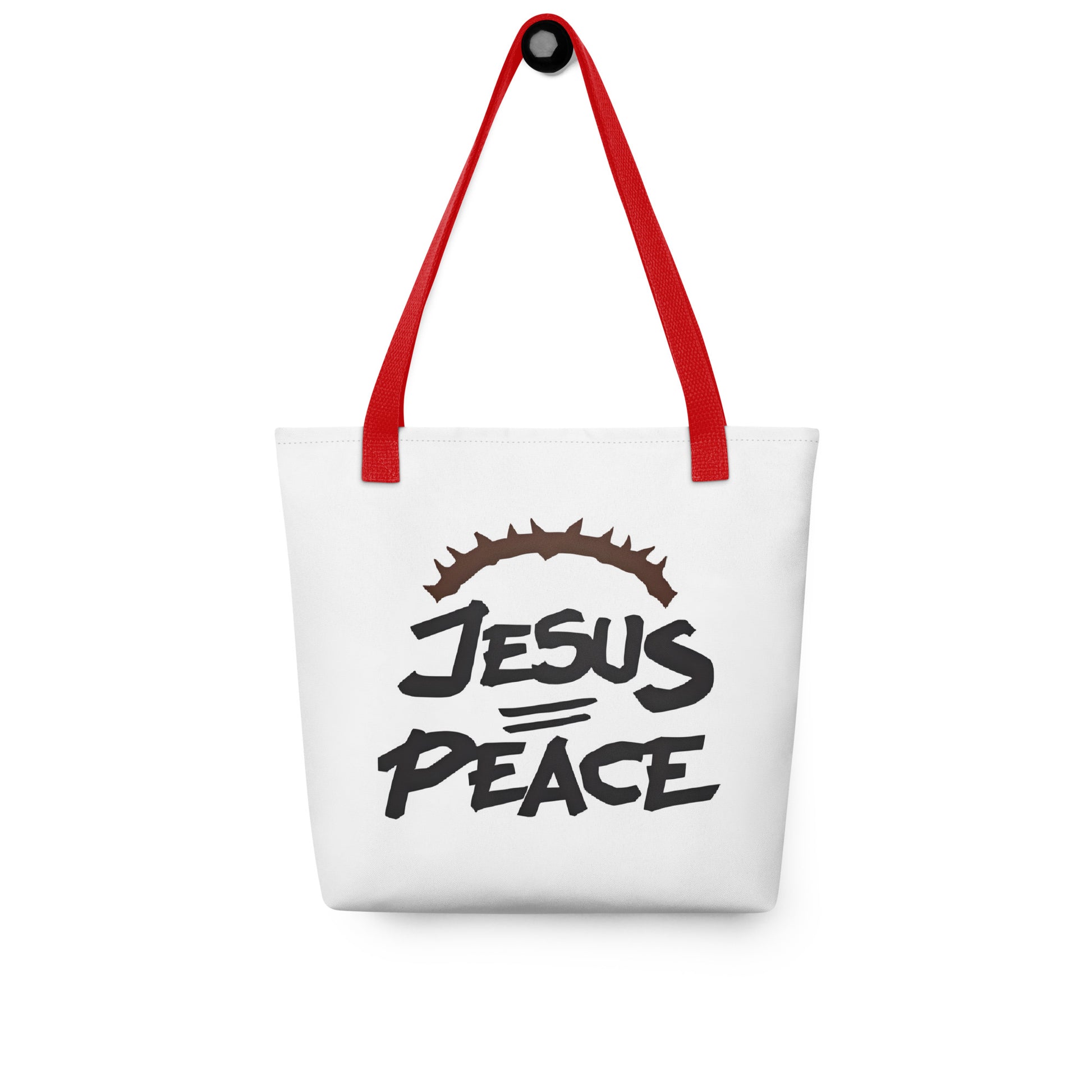 White tote bag with red handles hanging on a hook, displaying the “JESUS PEACE” graphic with crown of thorns.