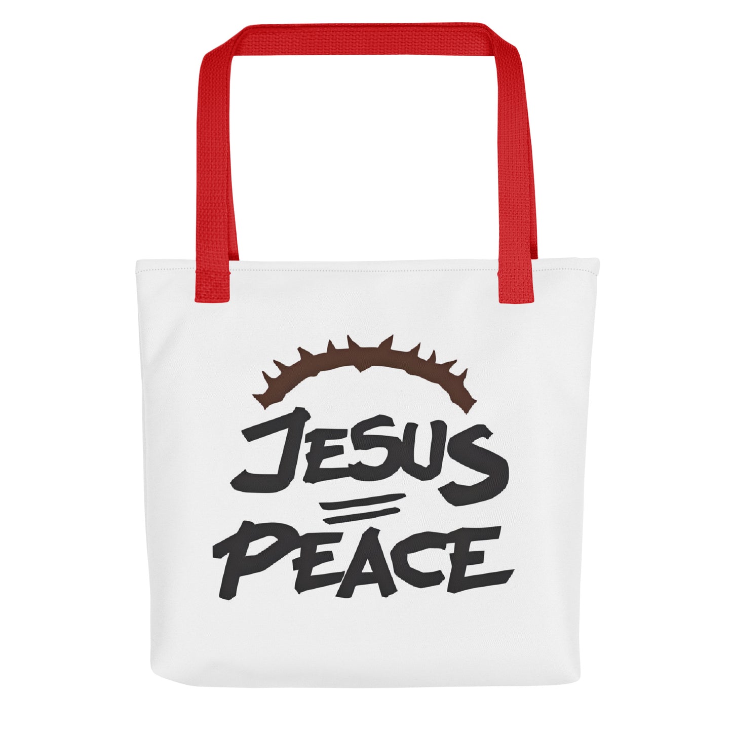 Front view of a white tote bag with red handles featuring bold black text “JESUS” over “PEACE” with a crown of thorns graphic above.