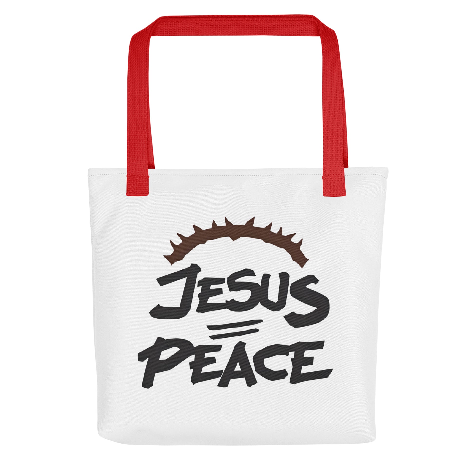 Front view of a white tote bag with red handles featuring bold black text “JESUS” over “PEACE” with a crown of thorns graphic above.