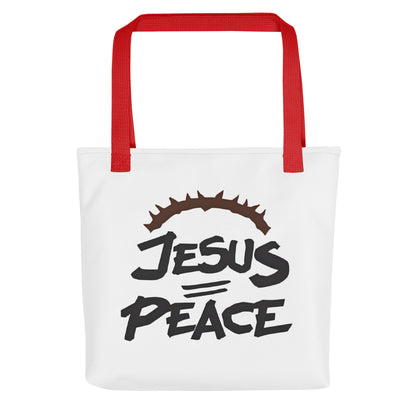 Front view of a white tote bag with red handles featuring bold black text “JESUS” over “PEACE” with a crown of thorns graphic above.