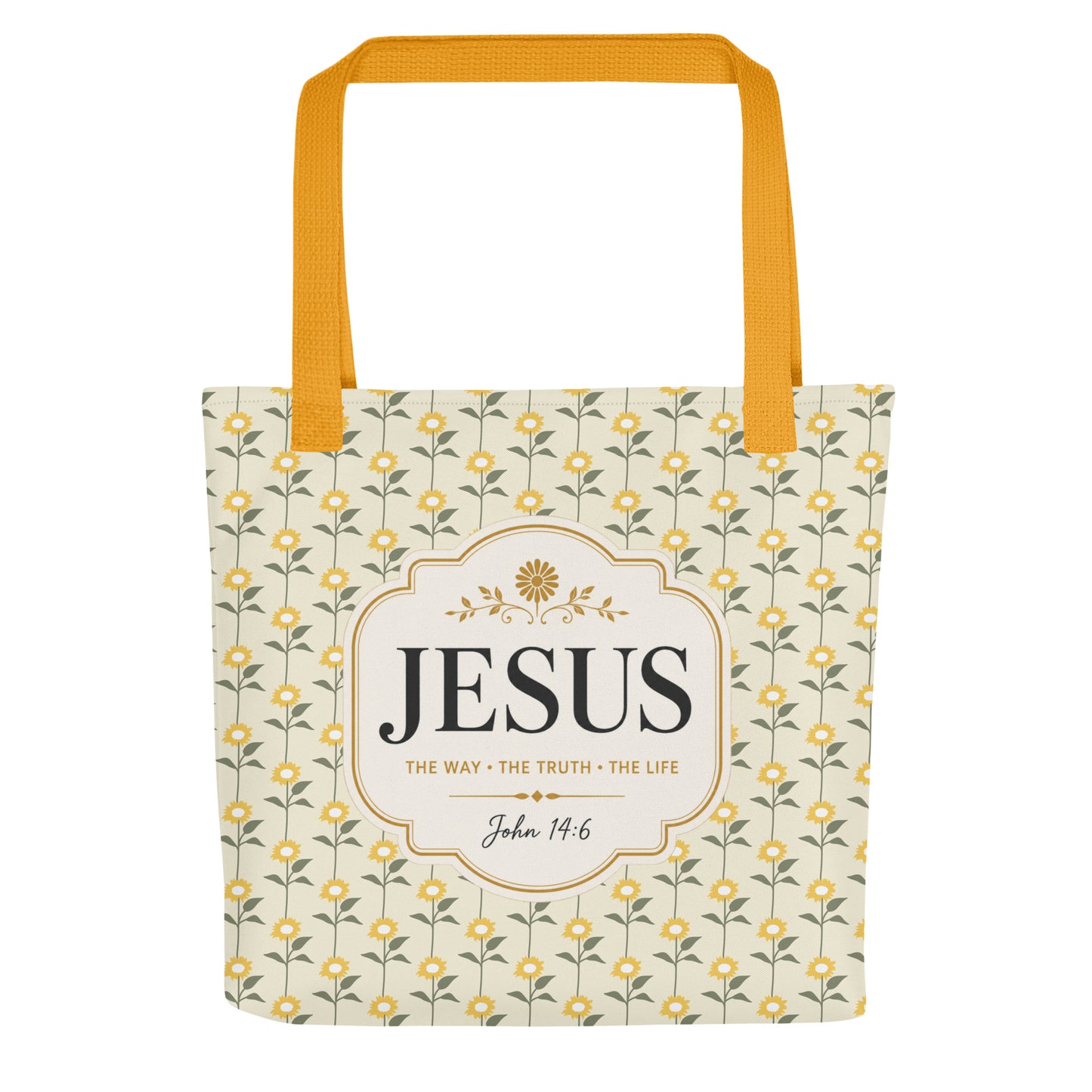 Front view of a Christian tote bag with yellow handles, a floral sunflower pattern, and a “Jesus, The Way, The Truth, The Life, John 14:6” design.