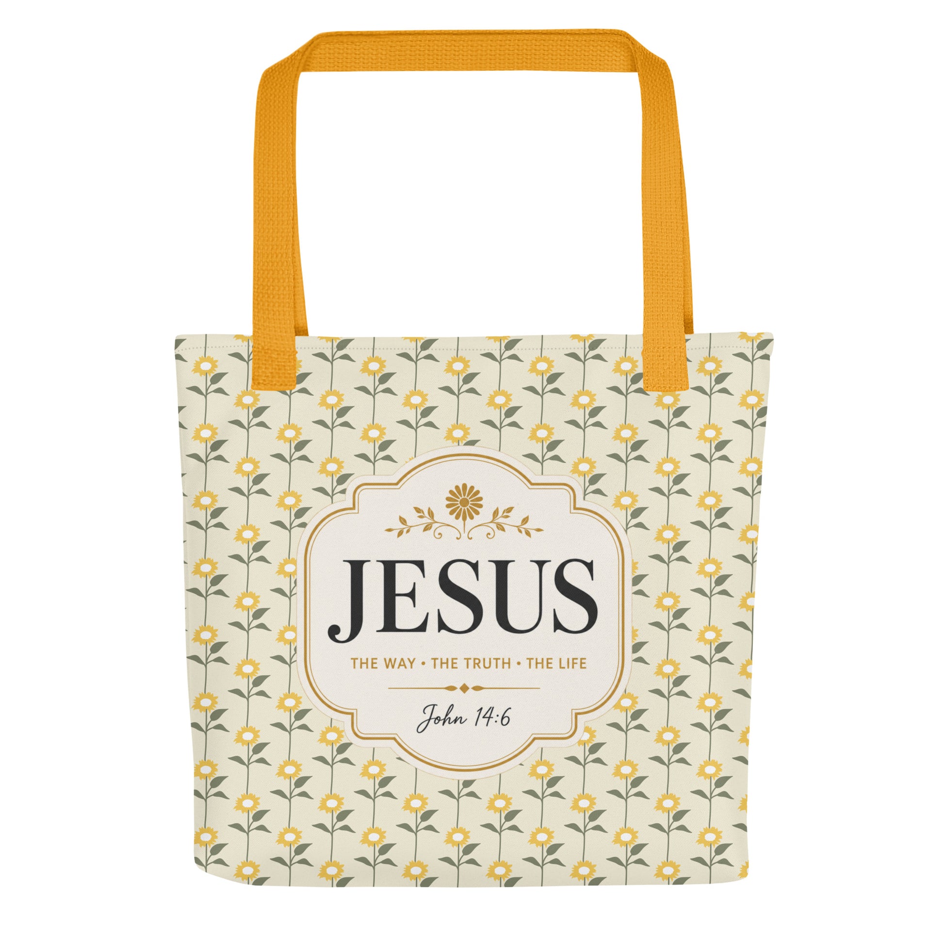 Front view of a Christian tote bag with yellow handles, a floral sunflower pattern, and a “Jesus, The Way, The Truth, The Life, John 14:6” design.