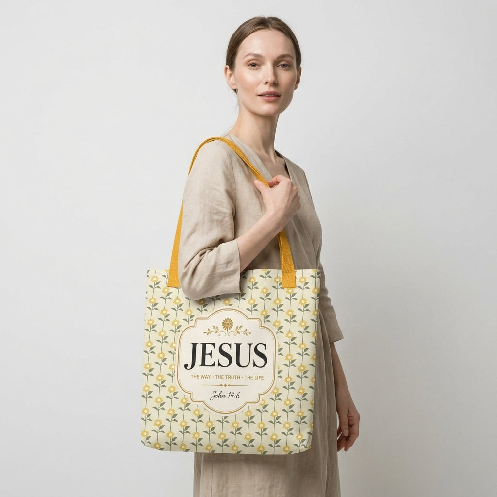 Model carrying a Christian tote bag with yellow handles, a sunflower pattern, and “Jesus, The Way, The Truth, The Life” text.