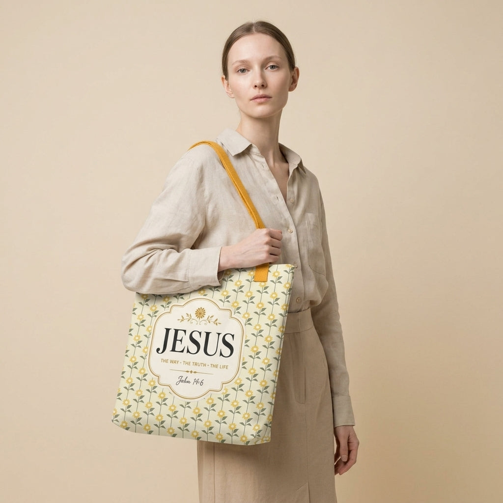 Model carrying a Christian tote bag with yellow handles, a sunflower pattern, and “Jesus, The Way, The Truth, The Life” text.