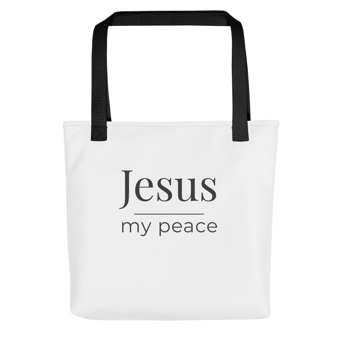 Front view of a white tote bag with black handles featuring the text “Jesus my peace” in dark gray.