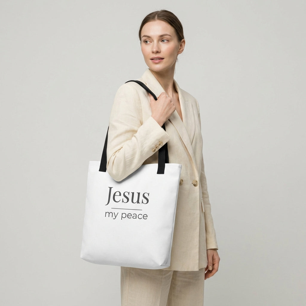 Lifestyle photo of a model holding a white tote bag with black handles featuring the text “Jesus my peace” in dark gray.