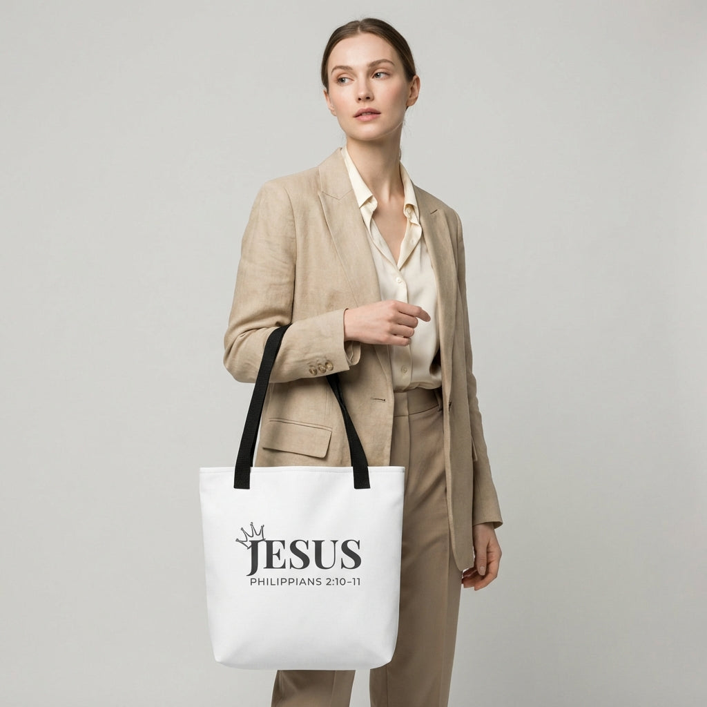 Model holding a white tote bag featuring “JESUS,” crown icon, and “Philippians 2:10–11.”