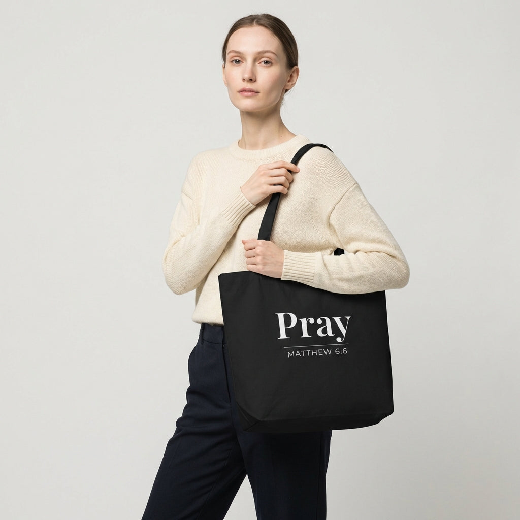 Model holding a black cotton tote bag printed with “Pray” and “Matthew 6:6” in white text.