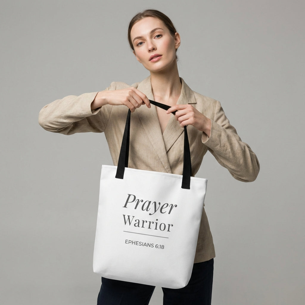 Lifestyle photo of a model holding a white tote bag with black handles featuring “Prayer Warrior” and “Ephesians 6:18” in dark gray.