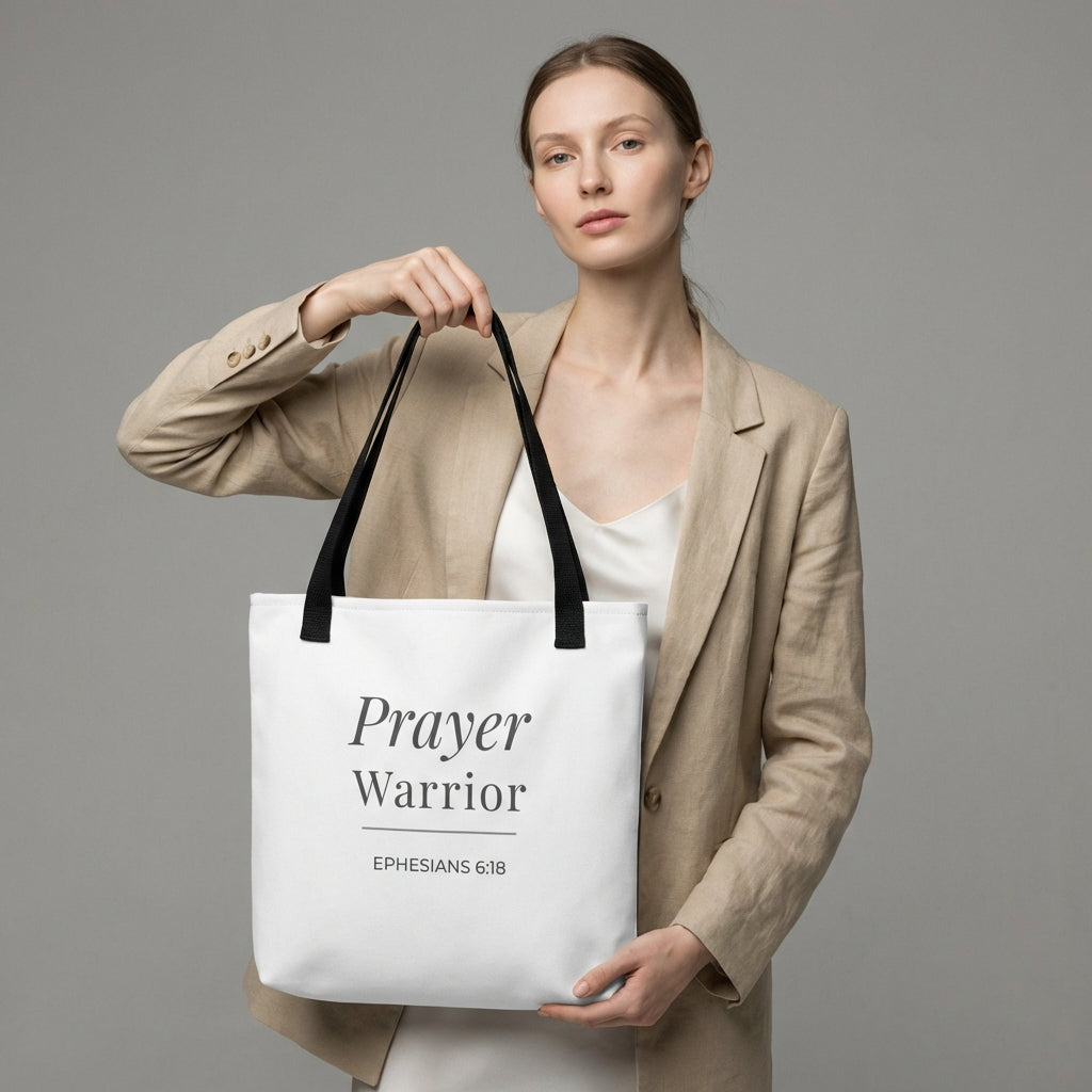 Lifestyle photo of a model holding a white tote bag with black handles featuring “Prayer Warrior” and “Ephesians 6:18” in dark gray.