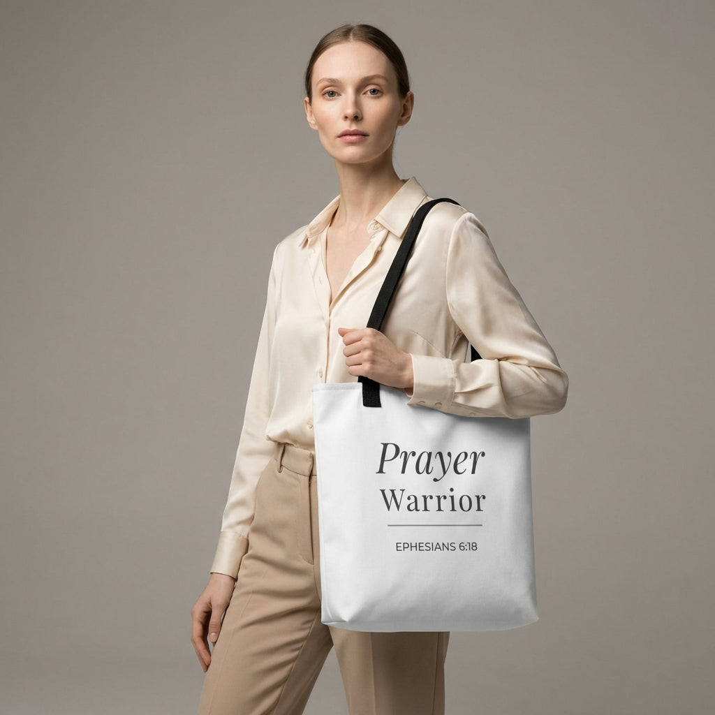 Lifestyle photo of a model holding a white tote bag with black handles featuring “Prayer Warrior” and “Ephesians 6:18” in dark gray.