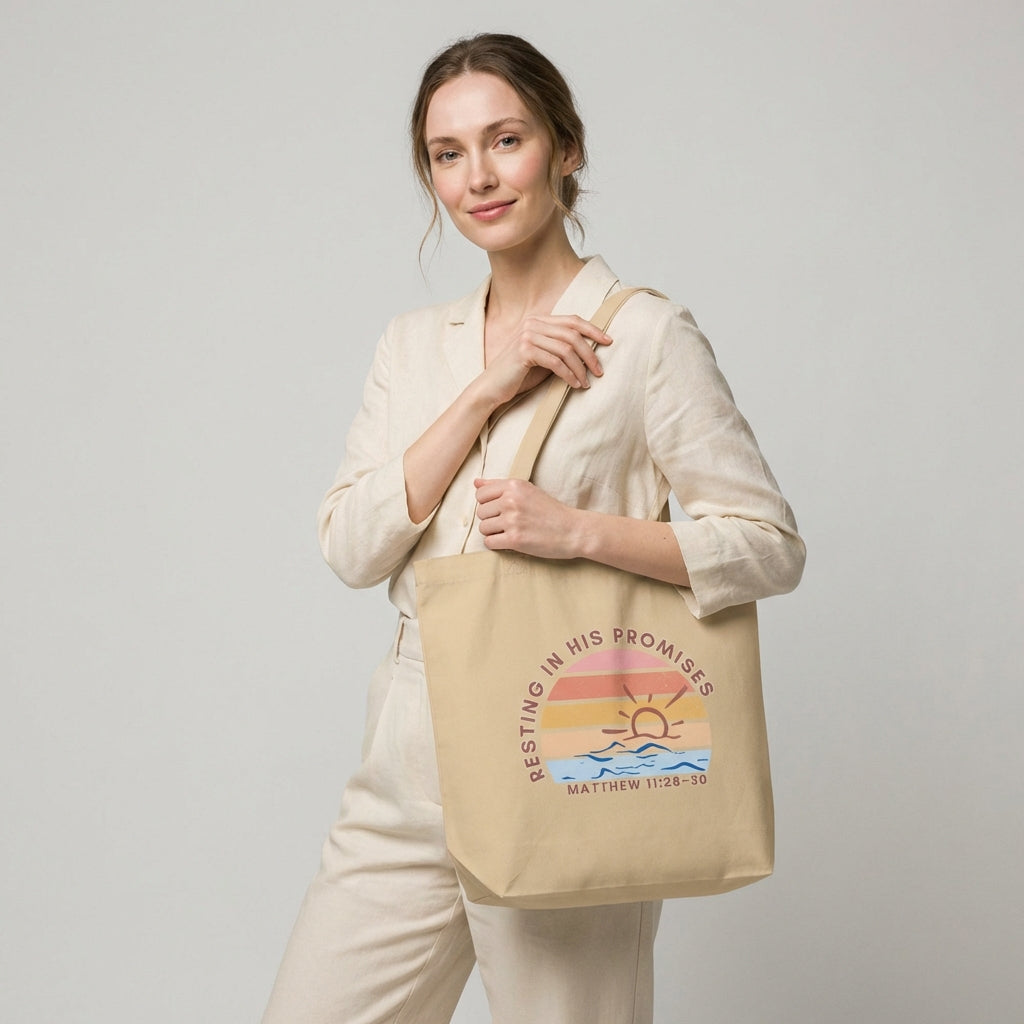 Lifestyle photo of a model holding a cotton tote bag featuring “Resting in His Promises” and “Matthew 11:28–30” with a sunset wave design.
