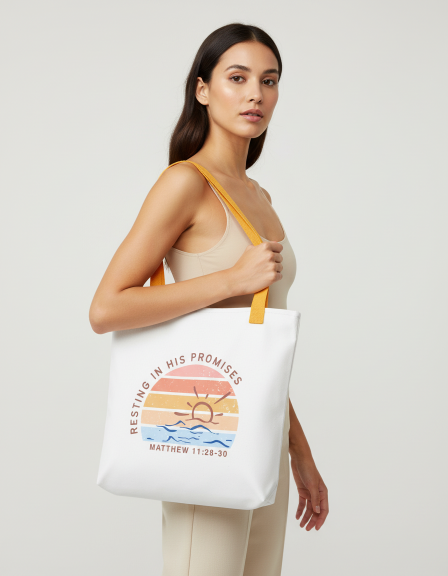 Model carrying a white tote with mustard yellow straps, featuring a retro sunset ocean design and the message “RESTING IN HIS PROMISES” (Matthew 11:28–30) on the front.