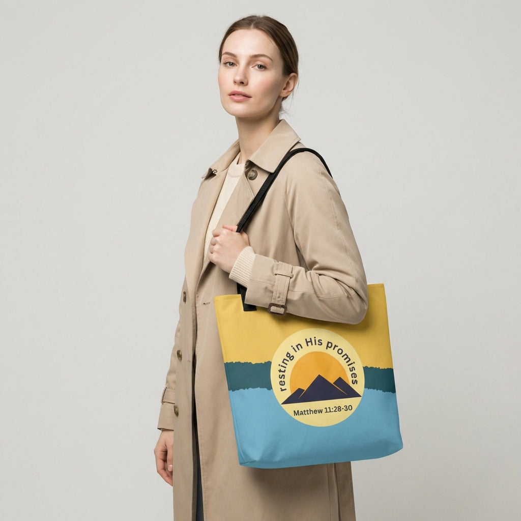 Lifestyle photo of a person carrying the tote bag with black straps, yellow-to-blue color block, and “resting in His promises” mountain graphic with Matthew 11:28–30.